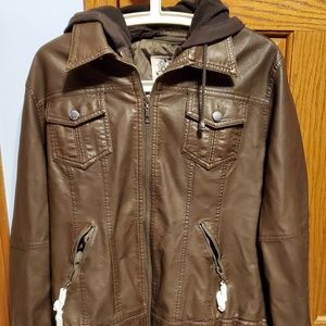 Vegan Leather Jacket with Sweatshirt Hood